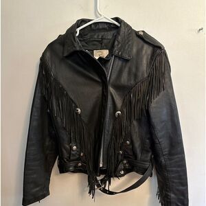 vintage woman’s fringed Black leather riding jacket Rome size 12 Made In USA